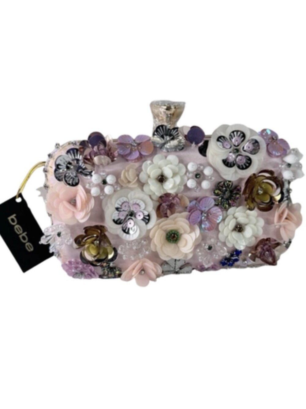Women Floral Embellished Sequin Clutch Bag Gold Hardware Metallic Party Cocktail